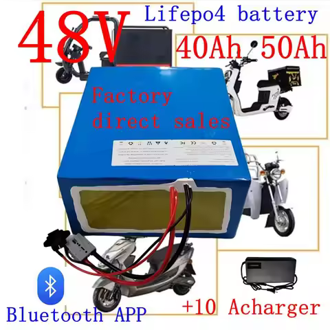 Batterie au lithium Lifepo4, 48V, 50Ah, 40Ah, Bluetooth BMS, 16S, 2000W, pour scooter, vélo, tricycl