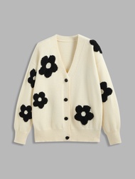 Cider เสื้อคาร์ดิแกนปุ่มกราฟิกพื้นผ้าลายดอกไม้รูปพรรณ V-neck Graphic Floral Button Cardigan