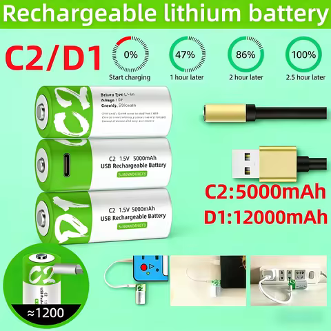 1.5V 5000mWh C Size LR14/LR20 12000mWh D Size Li-po Rechargeable Battery Type-C Ultra-Fast Charging 
