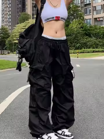 Women Casual Baggy Cargo Pants Solid Low Waist Joggers Tech Pants Drawstring Wide Leg Baggy Trousers