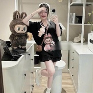 Women's outfit set for going out, turtleneck t-shirt set with striped bodice and pleated short skirt