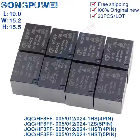 20Pcs/lot HF3FF- 005 / 009 / 012 / 024-1HS 1HST JQC-3FF-5/9/12/24VDC -1ZS 1ZST(551) 4PIN 5PIN 10A Po