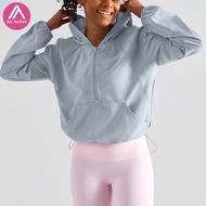Half Zipper Hooded Yoga Top  Long Sleeve Drawstring Sports Top UPF Clothes