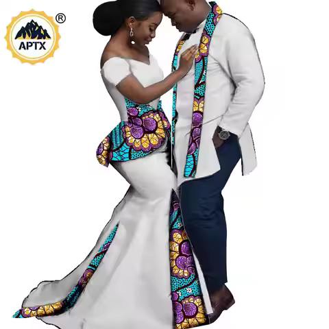 African Matching Outfits for Couples Bazin Riche Women Ankara Print Mermaid Dresses Dashiki Men Top 