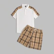 Men's Plaid Short Sleeve Polo Shirt And Shorts Casual Outfit Set,Suitable For Summer, Vacation, Dail
