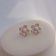 S925 Silver Needle French Drip Oil Begonia Flower Natural Pearl Earrings Earrings