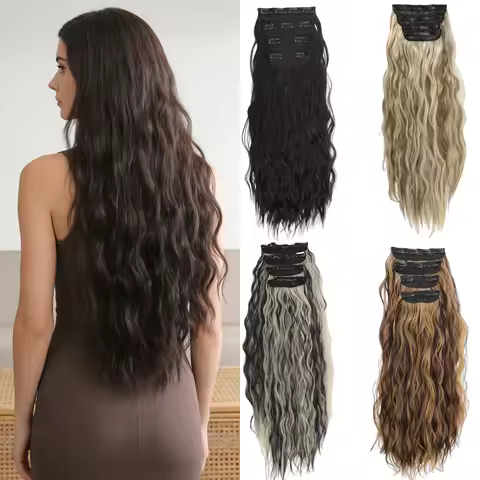 Set of 4 Clip-In Hair Extensions in a Brown-Blonde Shade, 60.96 cm Long, Featuring Wavy And Curly Sy
