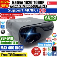 Ready Stock! Smart Projector 4K Ultra HD Home Movie Office Android 14 8K LED 3D WiFi for Kids Laptop