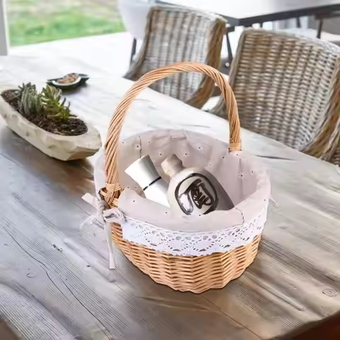 Willow Rattan Flower Girl Baskets Handmade Storage With Handle Woven Basket Picnic Container Flower