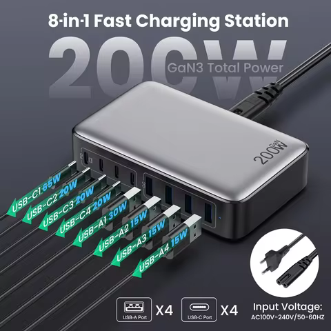 200W Fast Charging Station USB C Charger Block 8-Port Hub PD 65W Laptop Charger Adapter for MacBook,