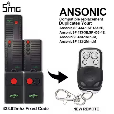 For ANSONIC SF 433-1,SF 433-2E,433-3E.SF 433-4E,SF 433-1Mini/M Garage Door Remote Control 433.92 MHz