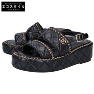 香奈兒 G46613 Coco Mark 絎縫/鏈條厚底涼鞋，尺寸 37 1/2C