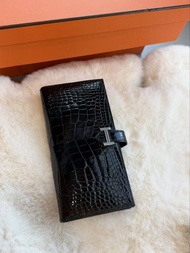 Hermes🌟Wallet 黑銀 亮面鱷魚銀包 stamp K