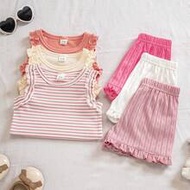 3pk Baby Girl Kid Tot Cute Chic Stripe Rib Knit Solid Frill Tank Top Short Set Soft Thin 2pcs Suit G