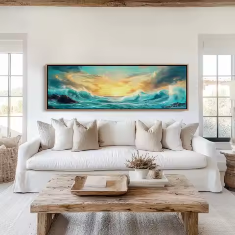 Ocean Wave Canvas Print Sunset Seascape Wall Art Turquoise Blue Sea Horizon Coastal Nautical Wall De