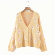 Knitted Cardigan Muslimah Women Loose Oversized Thick Warm Comfy Daisy Pattern Long Sleeve Outerwear
