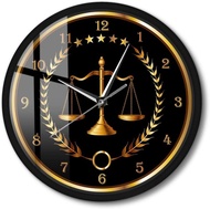 Scale of Justice Metal Frame Round Clock Battery Operated Quartz Non Ticking Judge Law Black Aluminu