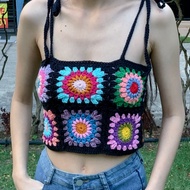 女士奶奶方格鉤織修身無袖露臍上衣 波希米亞風格