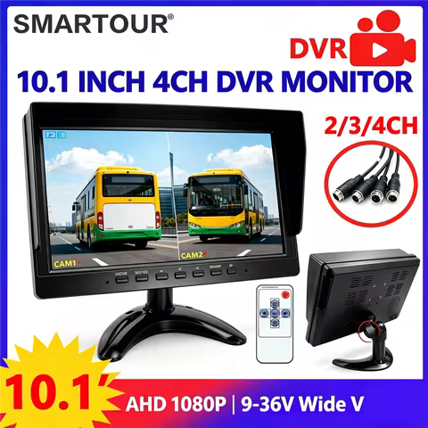 10.1 Inch 4 Channel AHD 1080P DVR Monitor, 4-Way Split Screen Vehicle Monitor 9-36V For Truck, Bus,