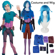 ชุดคอสเพลย์สาวน้อยชุดเครื่องแบบกางเกงชุดโค้ทสีฟ้าสำหรับเด็กผู้หญิงชุดคอสเพลย์ผง LOL Arcane