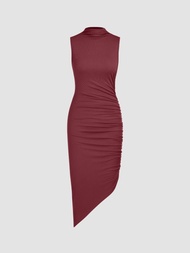 Cider Stand Collar Solid Ruched Midi Dress