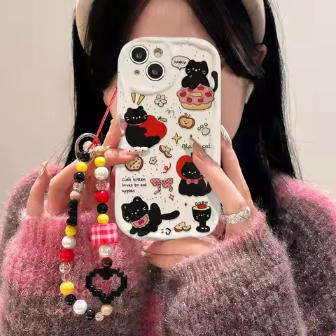 Black Cat Case With Chain For Honor 200 400 Lite Pro MAGIC 7Lite 90 X5C X9D X9C SMART 5G X8C X8B X7D