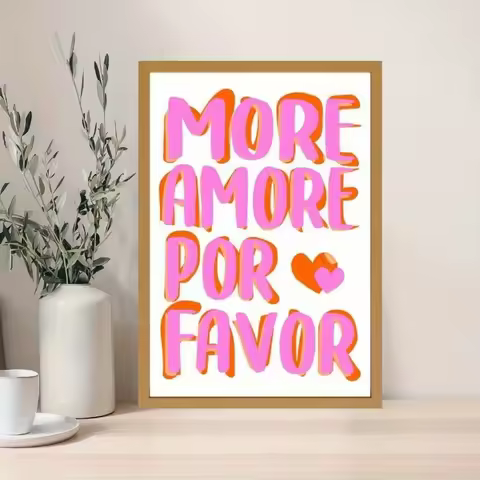 1pc Unframed "More Amore Por Favorite" Canvas Poster Art Wall,vibrant Pink and Orange Fonts, for Mod