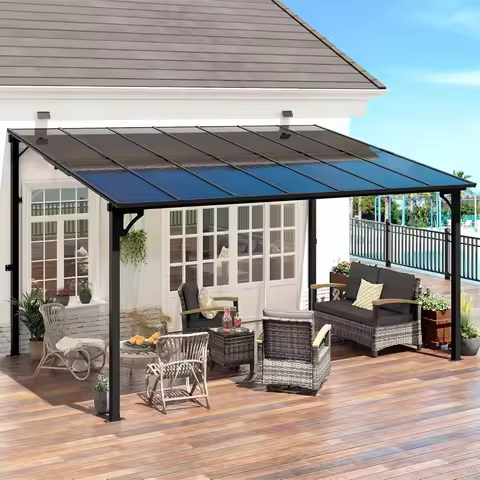 10' x 14' Pergola with Sloped Roof, Lean to Metal Awning for Outdoor Patio, Deck, Black