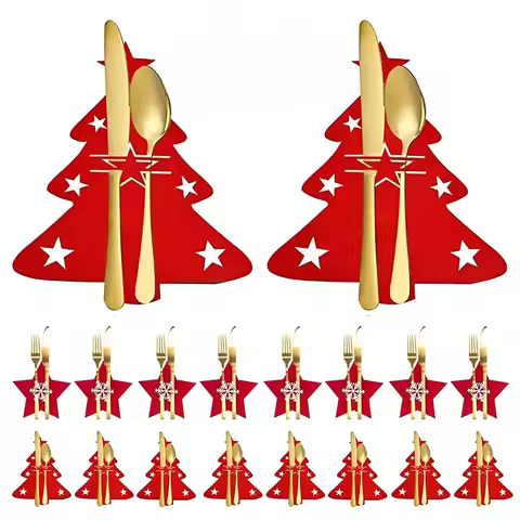 Holiday Cutlery Cover Christmas Utensil Holder Knife Fork Pocket Bag with Elk Star Tree Design Party