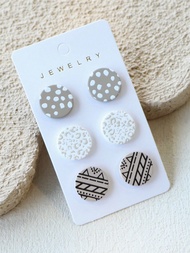 3 Pairs Polka Dot, Leopard Print & Symbol Design Stud Earrings, Acrylic, Unique Style For Women