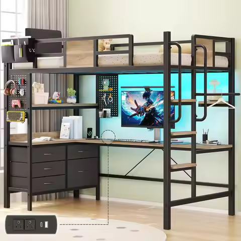 Twin Loft Bed with Desk RGB LED Charging Station 5 Drawers 2 Shelves Storage No Box Spring Oak Gray,