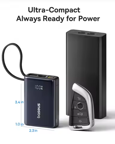 Baseus Power Bank, Picogo 10000mAh 45W 3-Output Portable Charger with Built-in USB-C Cable, PPS/PD Q