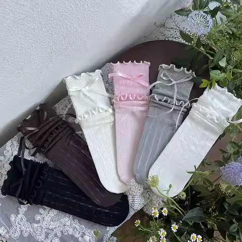 2026 Spring Kids Straight Socks 3-8T Sweet Solid Color Girls Calf Socks Love Bow Girls Stacked Socks