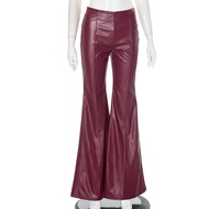 D24PT548 Womens Winter High Waist Light-sensing PU Leather Pants Trousers Flared Trousers Womens Pan