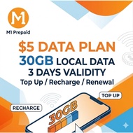 M1 Prepaid $5 Data Plan | 30GB Local Data | 3 Days / Top Up / Recharge / Renewal