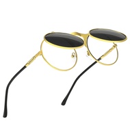 Round Flip Up Sunglasses – Small Flip-Up Shades with Double Lenses -Cool Glasses for Raves and 90s V