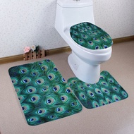 Cilected 3Pcs Bathroom Mat Set Peacock Feather Pattern Bath Mat Anti Slip Bathroom Carpet Toilet Mat