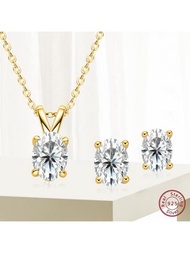 2件式女性珠寶套裝，包含橢圓切割莫桑石耳環和項鍊珠寶套裝，100% 925純銀莫桑石耳釘和項鍊，長度為18英吋，附有GRA證書，適用於婚禮、訂婚和新娘珠寶鑽石