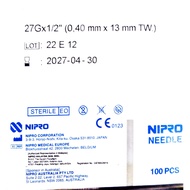 NIPRO  MEDICAL NEEDLE  27G X 1/2 INCH (13mm) -100'S  EXPIRY  2029