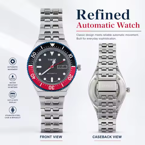 Timex Automatic Mechanical Watch for Men, 40mm Rotating Bezel, Stainless Steel Band Luminous Day Dat