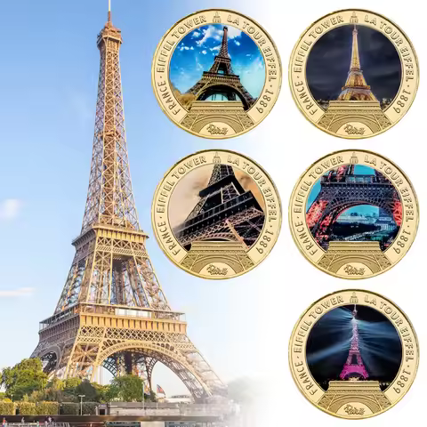 France Eiffel Tower Gold Plated Commemorative Coin 1889 Paris Eiffel Tower Challenge Coin Keychain S