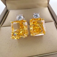 ต่างหูพลอยเทียม8A สีเหลืองแวววาว8X10มม. เครื่องประดับเงิน S925สำหรับผู้หญิงต่างหูหมั้นหมายที่ซับซ้อน