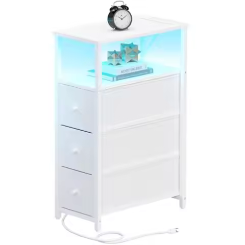 Narrow LED Night Stand Charging Station Slim End Table ins Tall Side Table with 3 Fabric Drawer Smal