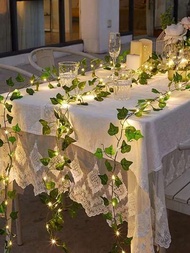 1捲帶led串燈的人工常春藤葉植物(不含電池),綠色藤蔓花環吊燈,適用於牆壁派對婚禮房間家居廚房室內和室外裝飾