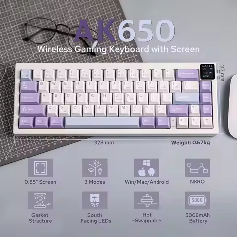 AK650 3-Mode Wireless Mechanical Keyboard, 65% Layout, RGB, Screen, Volume Knob, 5000mAh Battery