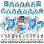 28 Pcs Doraemon Birthday Party Balloon Set, Including Sticker Balloons, Banners, Cake Toppers, Suita