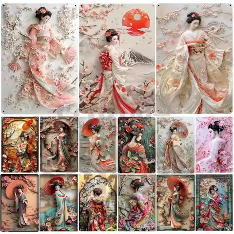 2D Japanese Geisha Kimono Metal Sign,2D Elegant Japan Cherry Blossoms Art Poster,Home,Room,Office,Iz