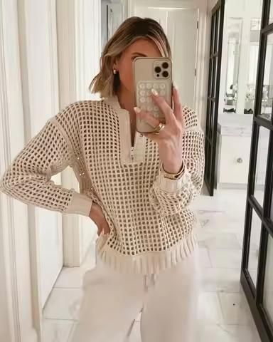 Women's V Neck Long Sleeve Sweater Open Knit Half Zip Loose Fit Waffle Knit Top with Ribbed Hem for 