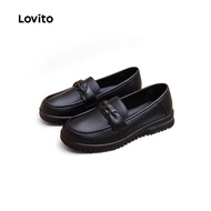 Lovito Preppy Boat Shoes Loafers Soft Sole Shoes Simple All Seasons Black Boat Shoes for Women LFA85
