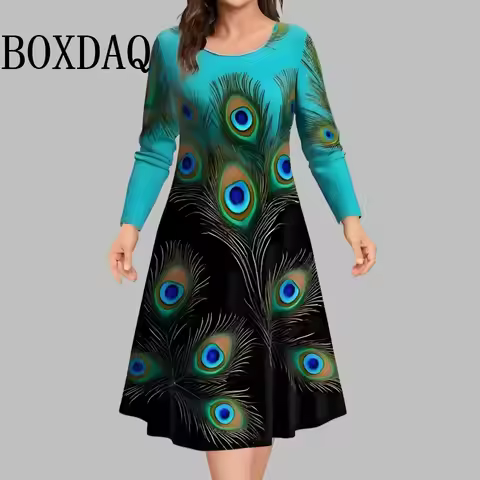 2025 New Autumn Dresses Women Elegant Fashion Plus Size Dress Casual O-Neck Long Sleeve Animal Feath